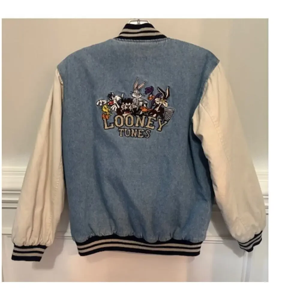 Vtg 90s Looney Tunes Warner Bros. Embroidered Denim Varsity Jacket Youth 12